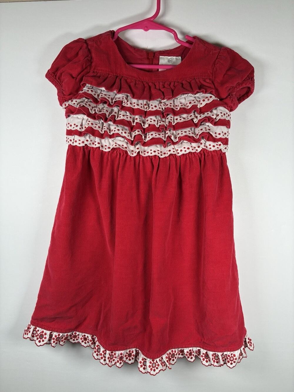 Hanna Andersson Girls 110 5 Red Corduroy Dress Ruffle Eyelet Holiday Cotton